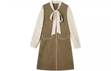 【dme】 休闲拼色气质长袖连衣裙 深卡其