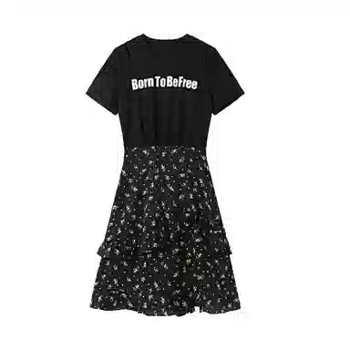 沐晓欣 时尚圆领拼接不规则开叉舒适甜美假两件短袖连衣裙 女款 黑色碎花