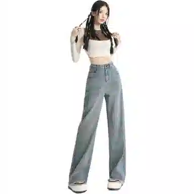 玫丝朵 美式复古高腰宽松阔腿牛仔裤 女款