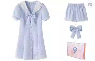 东鲸岁时记 学院风条纹蝴蝶结修身短袖连衣裙 女款 礼盒装 图色