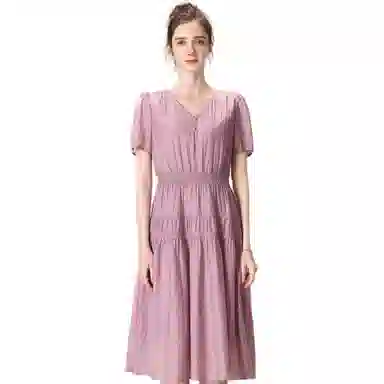 粉红玛琍 春 抽褶短袖连衣裙 收腰 女款 紫色