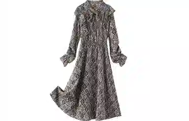 恒源祥 菱格抽象图案荷叶边收腰长袖连衣裙 灰色