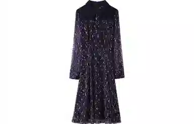 恒源祥 碎花微透网纱雪纺衬衫领高腰长袖连衣裙 道奇蓝