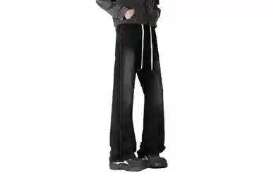 木林森 美式复古高街小众设计褶皱潮流宽松休闲简约水洗磨白微喇潮流百搭牛仔裤 男女同款