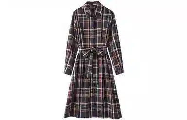 【dme】 格纹满印单排扣长袖连衣裙 藏青