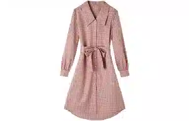 【dme】 简约收腰格子衬衫长袖连衣裙 皮粉