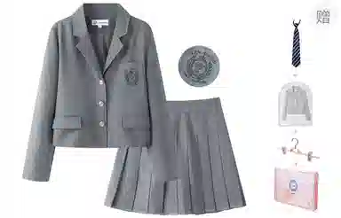 东鲸岁时记 学院风学姐感气质绣标上衣纯色高腰温柔风百褶半裙搭配一整套西装套装 春秋季 女款 礼盒装 灰色