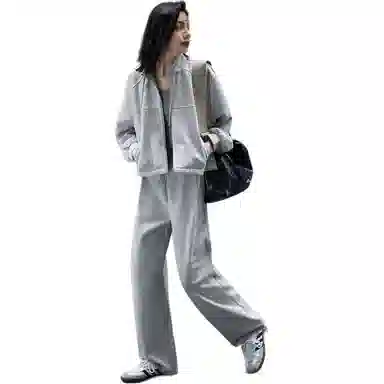 【dme】 立领上衣长袖纯色简约长裤卫衣套装 女款 浅麻灰