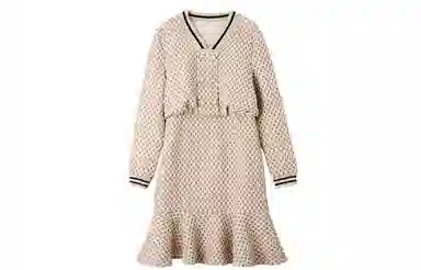 【dme】 鱼尾裙收腰压褶格子长袖连衣裙 皮粉