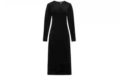 美洋 纯色圆领收腰开叉长款修身长袖连衣裙 女款 黑色