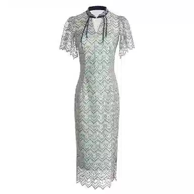 四美子 蕾丝复古钩花中长款侧开叉旗袍式短袖连衣裙 兰若