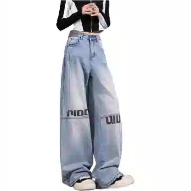 欧迪芬 美式复古水洗做旧情侣款潮牌高街阔腿裤子时尚休闲百搭中性高街拼接宽松百搭拖地简约时尚浅蓝色街头风休闲长裤牛仔裤 女款
