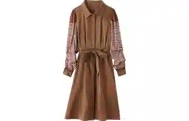 恒源祥 法式拼接长袖连衣裙 巧克力色