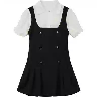 御茶家 学院风纯色收腰假两件托胸小香风短袖连衣裙 女款 黑色