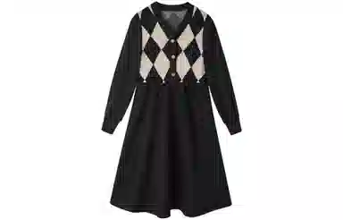 【dme】 格纹针织长袖连衣裙 女款 黑色