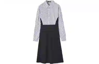 【dme】 条纹拼接翻领长袖连衣裙 藏青