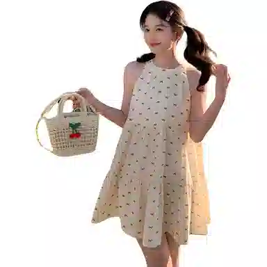 东鲸岁时记 蝴蝶结海边度假气质无袖连衣裙 女款 波点可颂