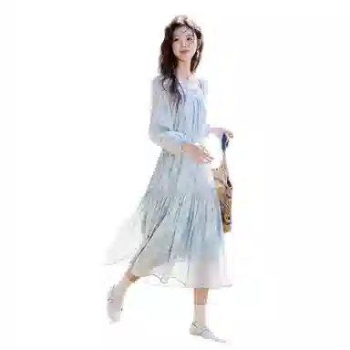 谜秀 时尚舒适百搭长袖连衣裙 女款 奈良蓝花