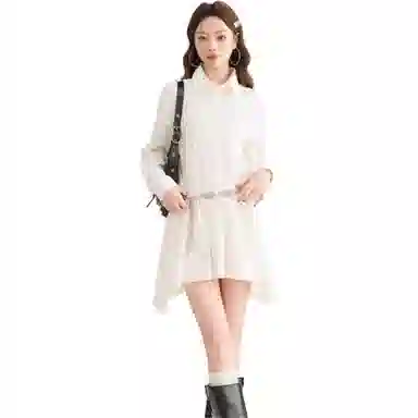 莫代尔 法式不规则修身舒适休闲长袖连衣裙 女款 白色