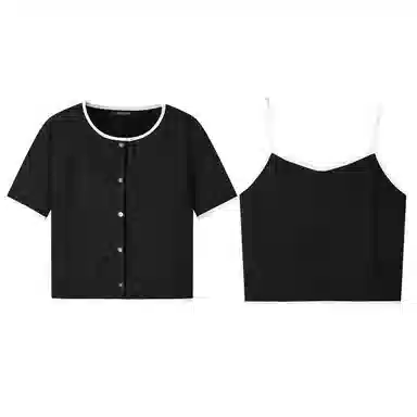 太平鸟 两件套提花针织衫休闲套装 女款 黑色