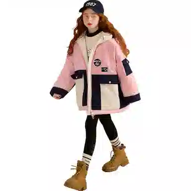 鸭鸭 童装 拼色工装风加厚连帽休闲保暖长袖羽绒服 儿童款 粉拼藏青