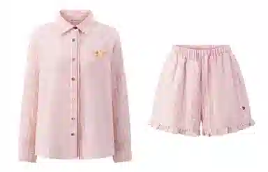 东鲸岁时记 可爱甜美格子长袖衬衫宽松显瘦休闲套装 女款 两件装 粉色