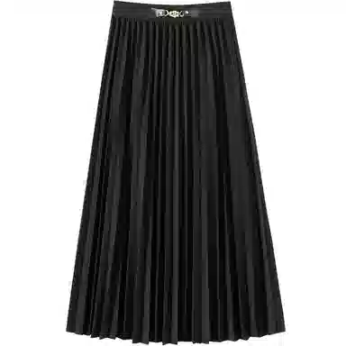 她池 纯色百褶半身休闲长裙 女款 黑色