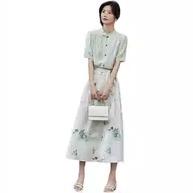 【dme】 纯色立领短袖衬衫植物花卉中长款中腰休闲长裙裙装套装 女款 淡绿