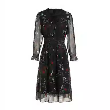 乔万尼 法式淑女收腰长袖连衣裙 女款 线描繁花图案