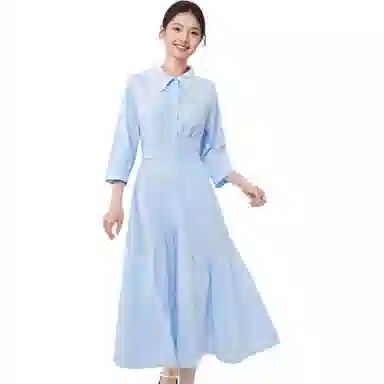 爱依服 纯色翻领舒适七分袖长袖连衣裙 女款