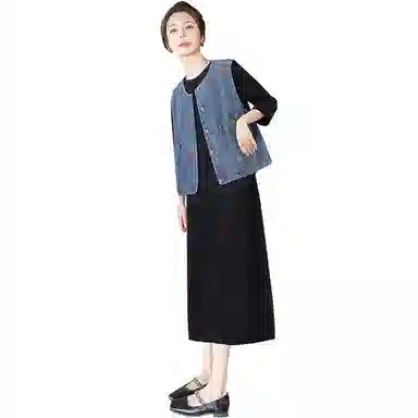 丝柏舍 复古单排扣牛仔马甲搭七分袖圆领中长款连衣裙简约裙装套装 女款 外深蓝里黑