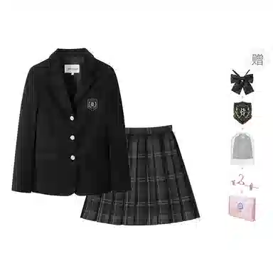 东鲸岁时记 学院风纯色舒适西服格子伯克利短款百褶裙制服 女款 礼盒装 黑色