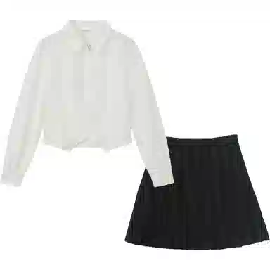 御茶家 学院风单排扣长袖衬衫纯色百褶裙制服套装 女款