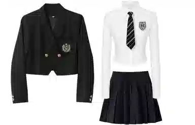 九条喵 徽章刺绣短款西装外套长袖衬衫纯色百褶短裙制服 女款