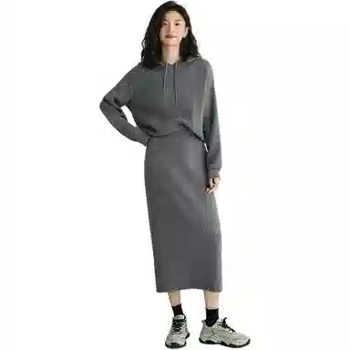 【dme】 连帽休闲长袖上衣针织衫纯色简约长裙裙装套装 女款 深灰色