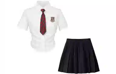 九条喵 徽章收腰修身短袖衬衫徽章领带纯色百褶半身裙制服套装 女款