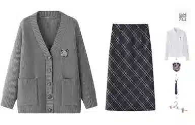 东鲸岁时记 纯色慵懒风宽松开衫长袖上衣格子长裙裙装套装 女款