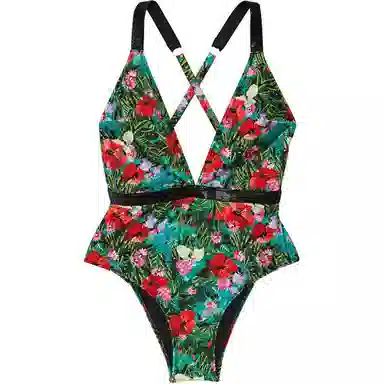 Victoria's Secret Logo Strap Deep V Swimsuit Tropical Print