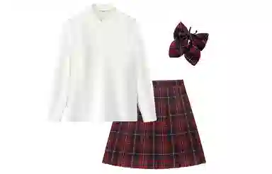 东鲸岁时记 纯色长袖衬衫百褶格纹短裙蝴蝶结制服套装 女款