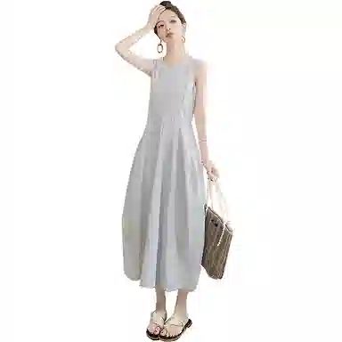 丝柏舍 简约圆领纯色休闲风中长款无袖连衣裙 女款