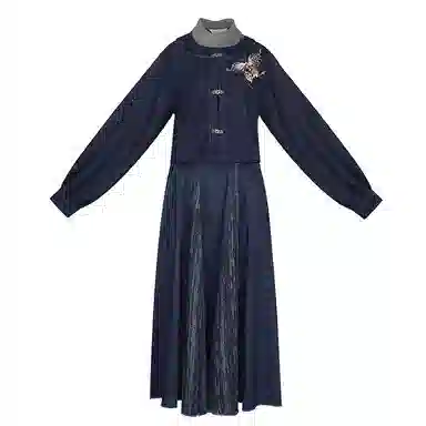 织造司 苍岚 牛仔汉元素圆领衫夹克外套改良毛边破裙原创唐制汉服 女款 深蓝色