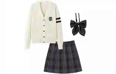 东鲸岁时记 撞色长袖针织开衫百褶格纹短裙制服套装 女款