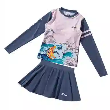 特步 海浪印花长袖分体泳衣 女款 粉色