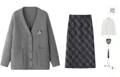 东鲸岁时记 纯色慵懒风宽松开衫长袖上衣格子长裙裙装套装 女款