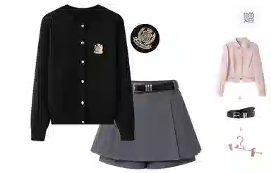 东鲸岁时记 慵懒风圆领单排扣舒适上衣中腰纯色简约短裙裙装套装 女款