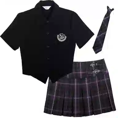 兔半眠 纯色徽章刺绣尖领短袖衬衫格纹半身裙制服套装 女款