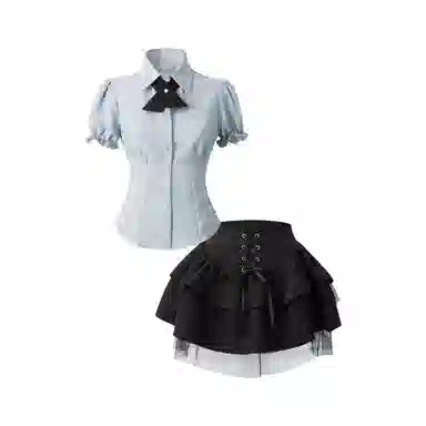 花山家的猫 纯色尖领单排扣合身短款短袖衬衫短款高腰百褶裙制服套装 女款