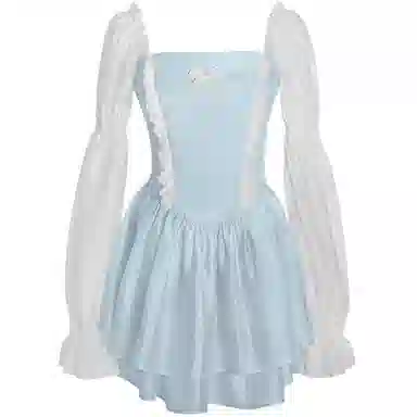 兔半眠 短款蓬蓬高腰长袖连衣裙制服 女款 天蓝色