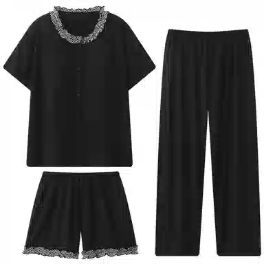 顶瓜瓜 短袖云朵棉花边纯色开衫圆领三件套家居服夏季睡衣套装 女款