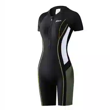 特步 撞色拼接平角连体泳装 女款 黑色